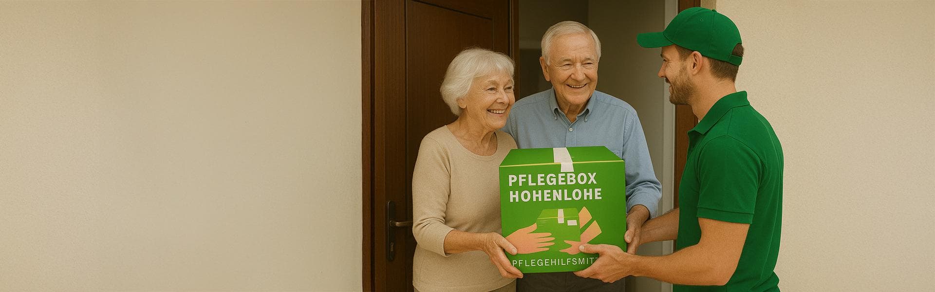 Pflegebox-Lieferung an Seniorenpaar durch Boten an der Haustür – kostenlose Pflegehilfsmittel Hohenlohe