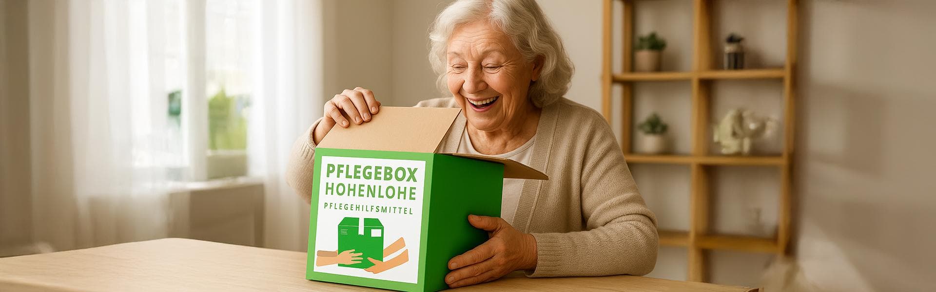 Ältere Frau freut sich über geöffnete Pflegebox mit Hilfsmitteln von Pflegebox Hohenlohe am Tisch in heller Wohnung.