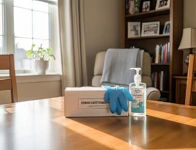 Pflege-Set mit Handschuhen und Desinfektionsmittel auf Holztisch in Seniorenwohnung bei Tageslicht.
